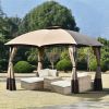 10ft W*12ft L Outdoor Double Vents Gazebo Patio Metal Canopy with Screen and LED Lights for Backyard; Poolside; Brown