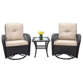 3 Pieces Conversation Set, Outdoor Wicker Rocker Swivel Patio Bistro Set, Rocking Chair with Glass Top Side Table