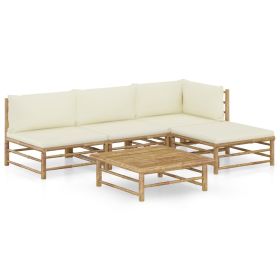 5 Piece Patio Lounge Set with Cream White Cushions Bamboo