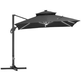 10FT Cantilever Patio Umbrella with Solar LED Lights, Double Top Square Outdoor Offset Umbrella with 360° Rotation, 4-Position Tilt