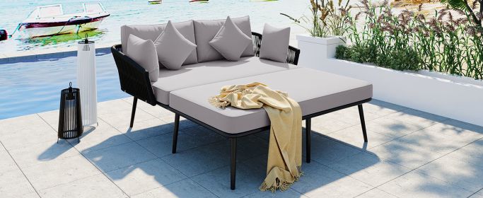 TOPMAX Outdoor Patio Daybed, Woven Nylon Rope Backrest with Washable Cushions for Balcony, Poolside, Set for 2 Person, Gray