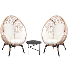 3 Pieces Patio Egg Chairs (Model 3) with Side Table Set,Natural Color PE Rattan and Beige Cushion