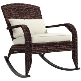 Outsunny Outdoor Wicker Adirondack Rocking Chair, Patio Rattan Rocker Chair with High Back, Seat Cushion, and Pillow for Garden, Porch, Balcony