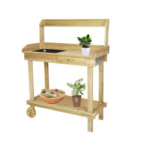 Bosonshop Wood Potting Bench Work Station Table with Tabletop Removable Sink Drawer Shelves Hooks on Wheels