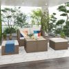 Outdoor 6-Piece Garden Furniture Set; PE Wicker Rattan Sectional Sofa Set with 2 Tea Tables; Brown Wicker+Beige Cushion