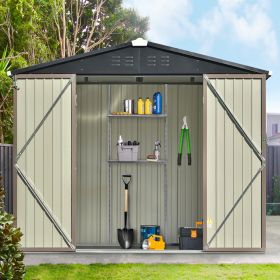 Patio 8ft x6ft Bike Shed Garden Shed; Metal Storage Shed with Adjustable Shelf and Lockable Doors; Tool Cabinet with Vents and Foundation Frame for Ba (Color: Brown)