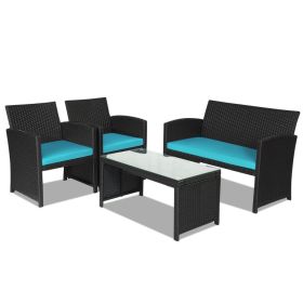 4 Pieces Rattan Patio Furniture Set with Weather Resistant Cushions and Tempered Glass Tabletop (Color: Turquoise)