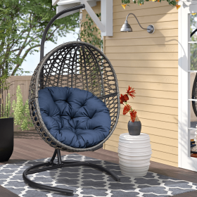 Wicker Basket Swing Chair; Hanging Egg Chairs with Durable Stand and Waterproof Cushion for Outdoor Patio (Color: Navy Blue)