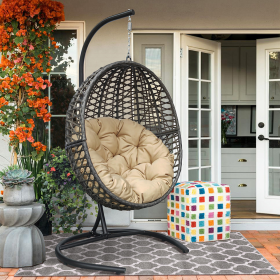 Wicker Basket Swing Chair; Hanging Egg Chairs with Durable Stand and Waterproof Cushion for Outdoor Patio (Color: Khaki)