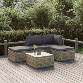 5 Piece Patio Lounge Set with Cushions Gray Poly Rattan (Color: Gray)