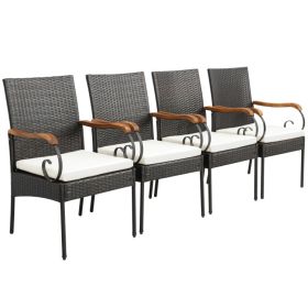 Set of 2/4 Outdoor PE Wicker Chair with Acacia Wood Armrests (size: Set of 4)