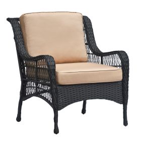 Outdoor Wicker Chair Rattan Patio Dining Chair, PE Wicker Patio Chair with 4inch Seat Cushions, Navy Blue (Color: Khaki)