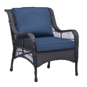 Outdoor Wicker Chair Rattan Patio Dining Chair, PE Wicker Patio Chair with 4inch Seat Cushions, Navy Blue (Color: Navy Blue)