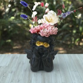 Angel Statue Crafted Head Face Planter Pot,Face Flower Pot with Drainage Hole Perfect for a DIY Succulents Plants and Flower Arrangement, Best Gift fo (Color: black gold)