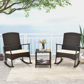 3 Piece Patio Rocking Set Wicker Rocking Chairs with 2-Tier Coffee Table (Color: Off White)