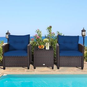 3 Pieces Rattan Patio Furniture Set with Washable Cushion (Color: Navy)