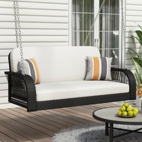 PE Wicker Porch Swing, 2-Seater Hanging Bench With Chains, Patio Furniture Swing For Backyard Garden Poolside (Color: Beige+Black)