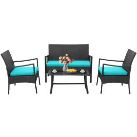 4 Pieces Rattan Conversation Set with Tempered Glass Coffee Table (Color: Turquoise)