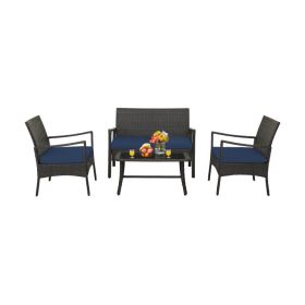 4 Pieces Rattan Conversation Set with Tempered Glass Coffee Table (Color: Navy)