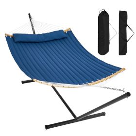 VEVOR Two Person Hammock with Stand Included, Double Hammock with Curved Spreader Bar and Detachable Pillow and Portable Carrying Bag (Type of Support: T Type, Color: Blue)