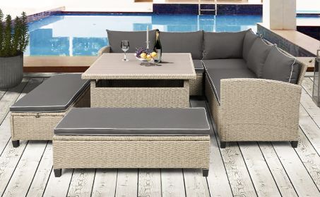 TOPMAX 6-Piece Patio Furniture Set Outdoor Wicker Rattan Sectional Sofa with Table and Benches for Backyard, Garden, Poolside (Color: as Pic)