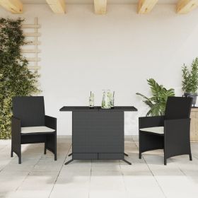 3 Piece Bistro Set with Cushions Black Poly Rattan (Color: Black)