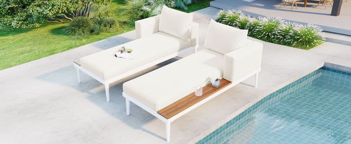 TOPMAX Modern Outdoor Daybed Patio Metal Daybed with Wood Topped Side Spaces for Drinks, 2 in 1 Padded Chaise Lounges for Poolside, Balcony, Deck (Color: as Pic)