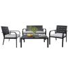 4 Pieces Patio Garden Sofa Conversation Set Wood Grain Design PE Steel Frame Loveseat All Weather Outdoor Furniture Set with Cushions Coffee Table for