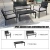 4 Pieces Patio Garden Sofa Conversation Set Wood Grain Design PE Steel Frame Loveseat All Weather Outdoor Furniture Set with Cushions Coffee Table for